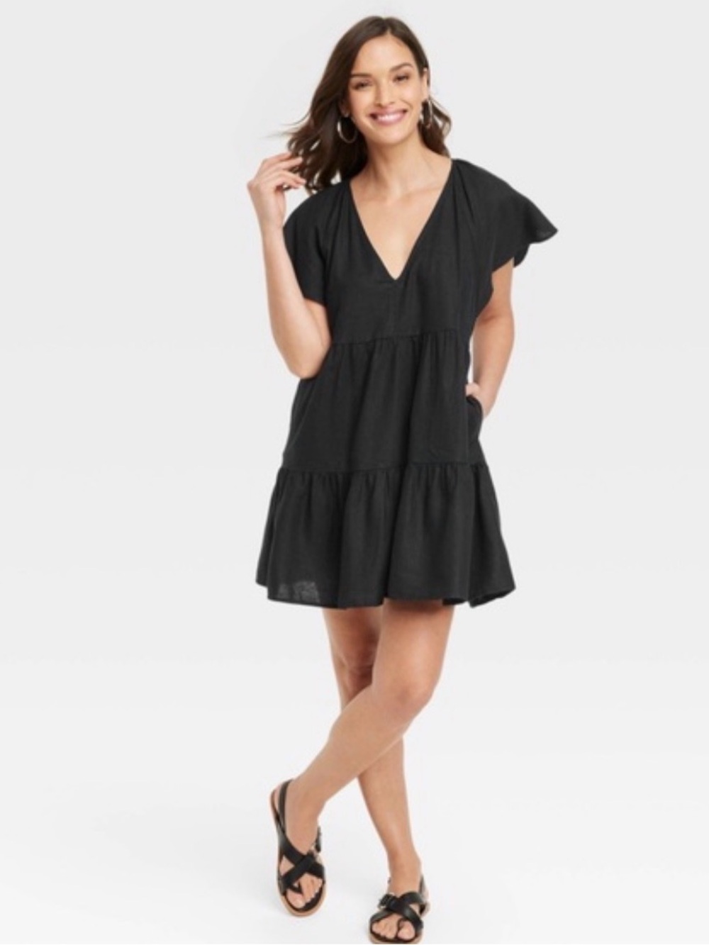 Universal Thread Black V-Neck Tiered Flutter Sleeve Dress Large